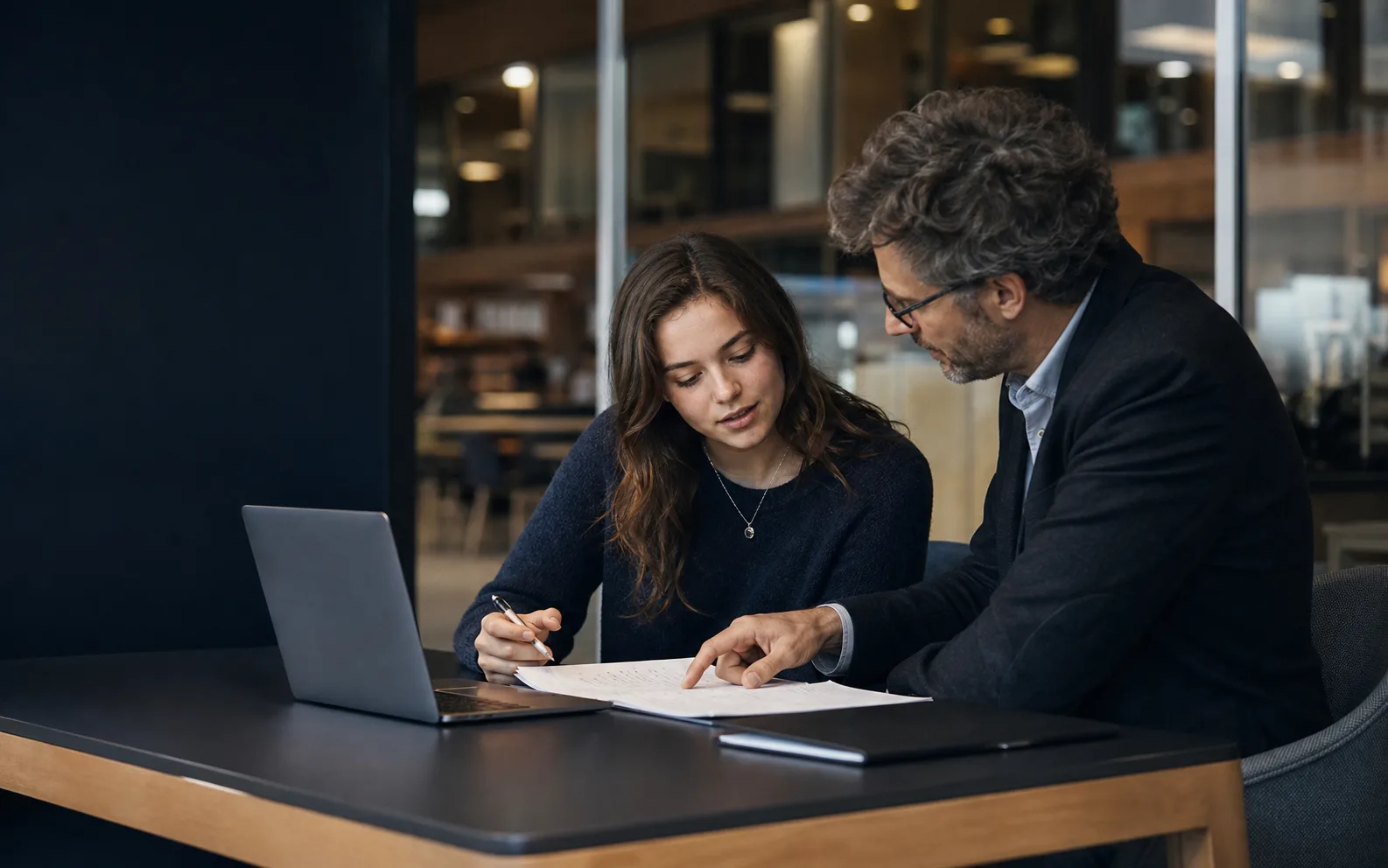 University student and academic reviewing lecture notes together