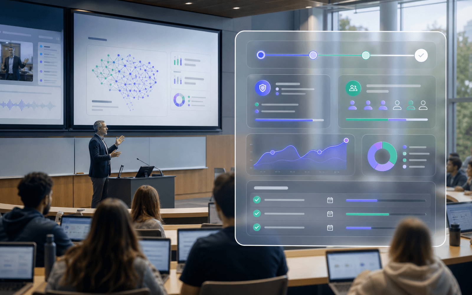 University lecture pilot with an assurance and cohort review dashboard overlay